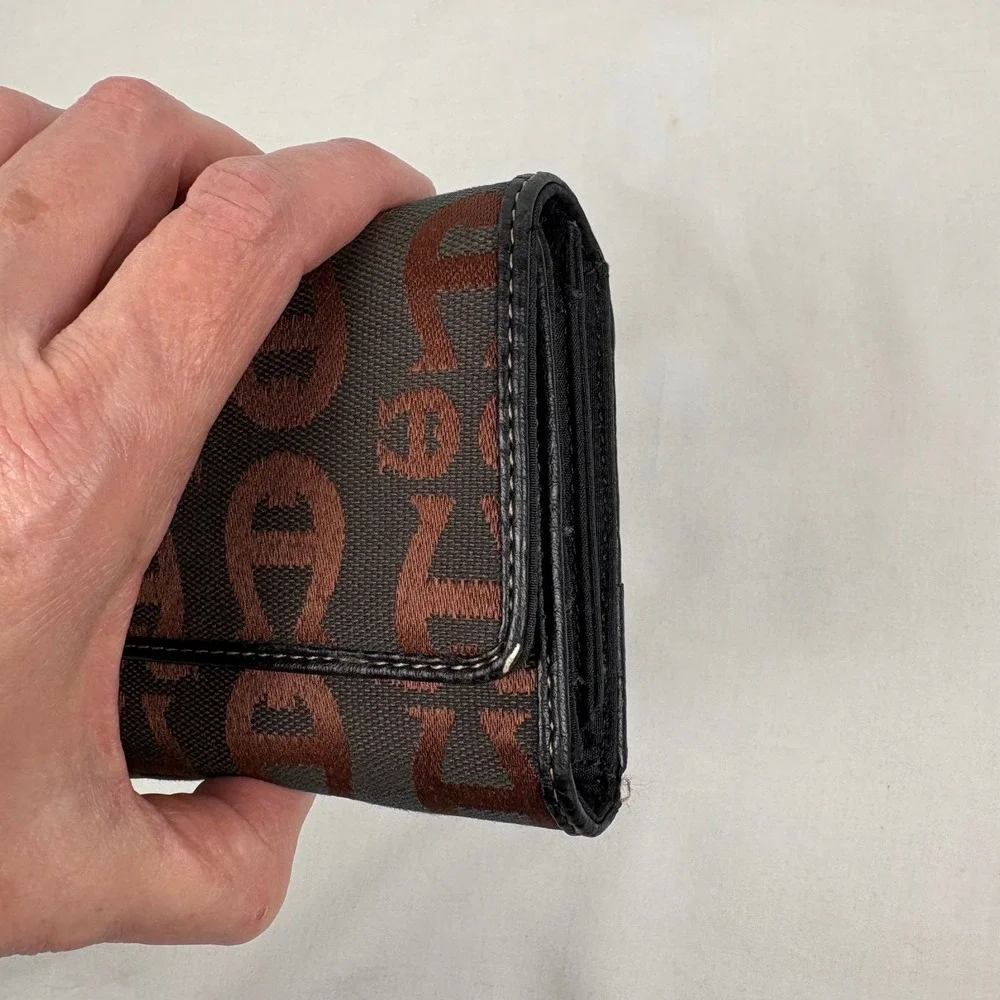 Etienne Aigner Trifold Wallet OS Brown Black Monogram Jacquard‎ Horseshoe Logo